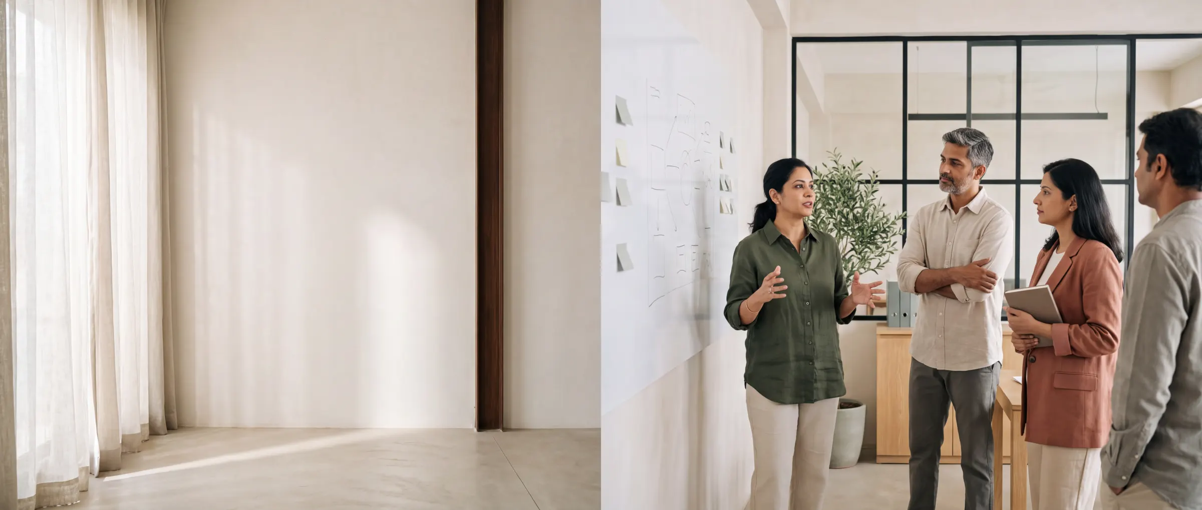 Four colleagues standing together in a bright, open office, discussing notes pinned across a wall-mounted board, with daylight falling through a curtained window on the empty side of the room.