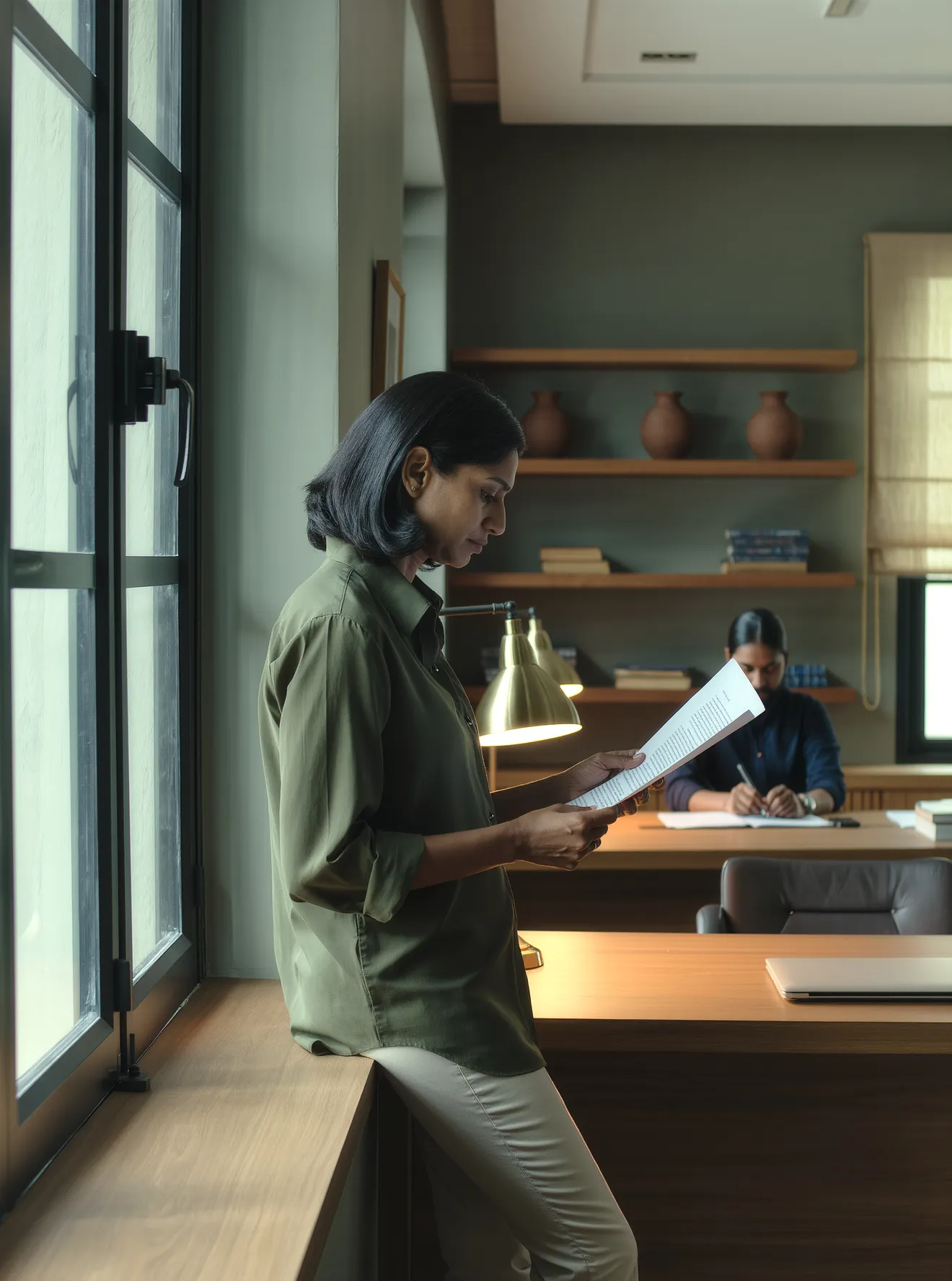 A woman leaning against a desk beside a tall window, reading a printed document, with a colleague working at a second desk behind her.